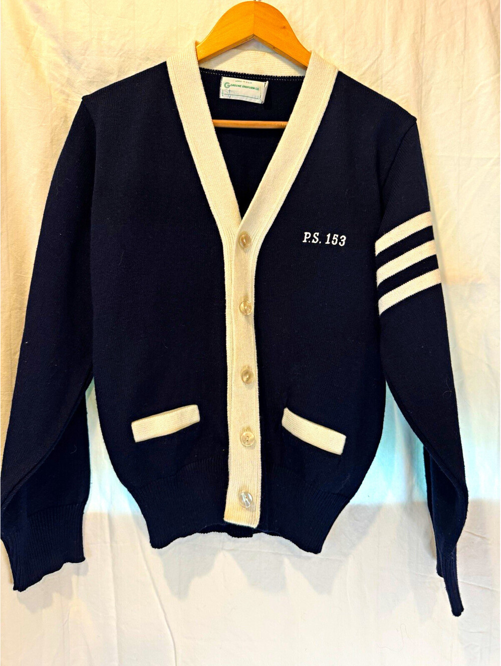 VINTAGE RARE Navy/White Knit Cardigan Sweater V-Neck Button Striped XS uniform